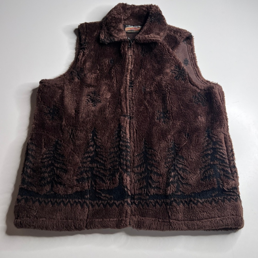 Cobblestone Canyon Brown Sherpa Fleece Vest Pine Tree Snowflake Made in USA‎ L